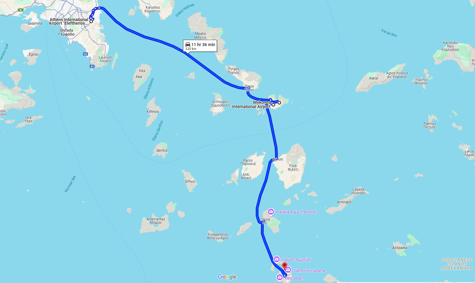 Athens Mykonos Santorini map